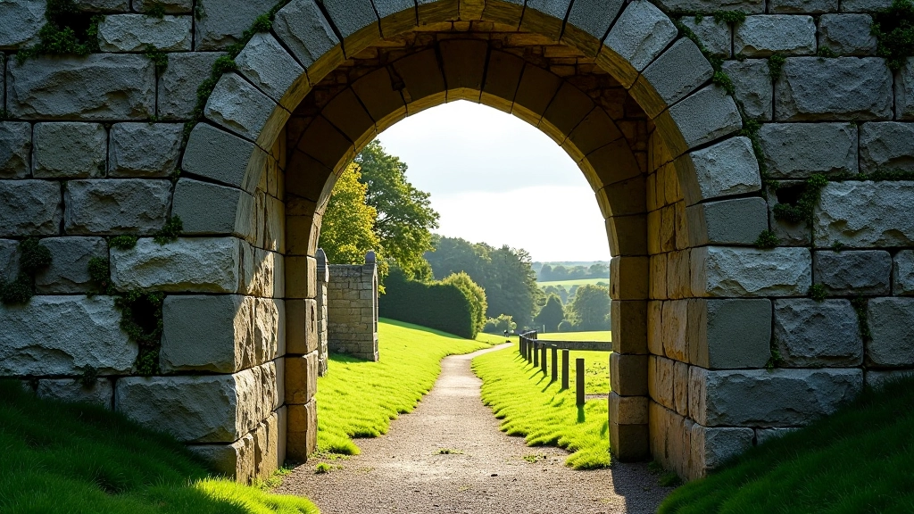 Stone archway from medieval abbey with moss-covered walls and natural lighting through the opening