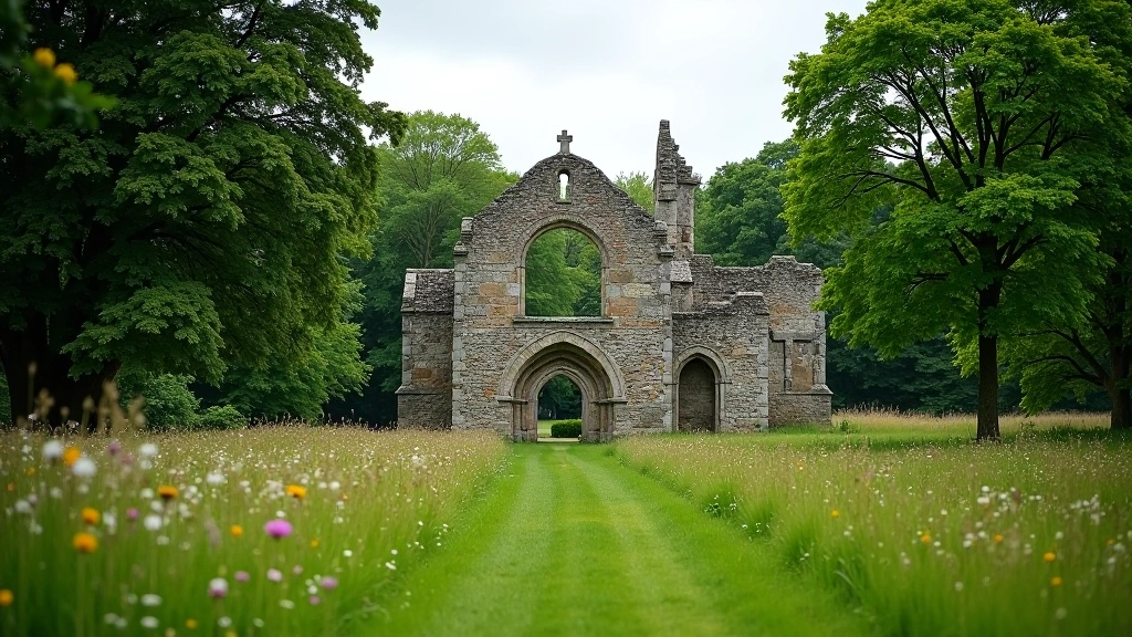 Newtown Abbey ruins with weathered stone walls surrounded by overgrown meadow and wildflowers