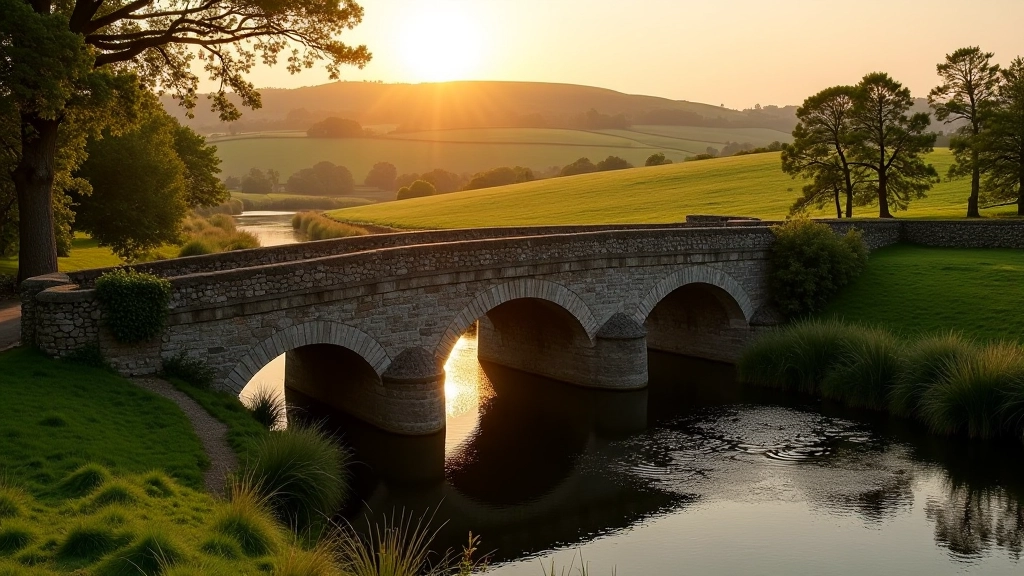 Golden hour light on stone bridge with river reflections and rolling green countryside beyond