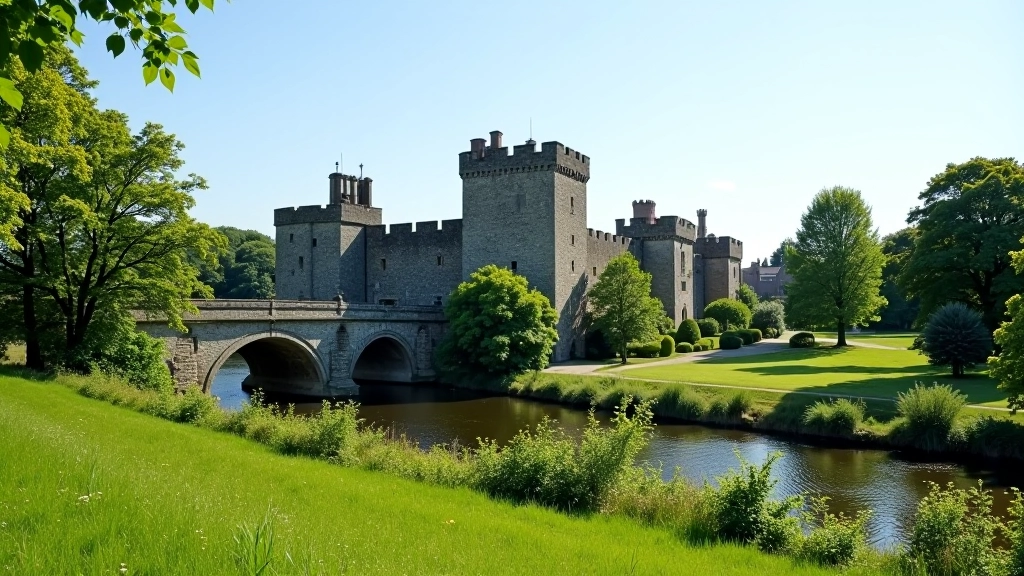 Trim Castle overlooking the Boyne River with historic stone walls and tower visible from walking path