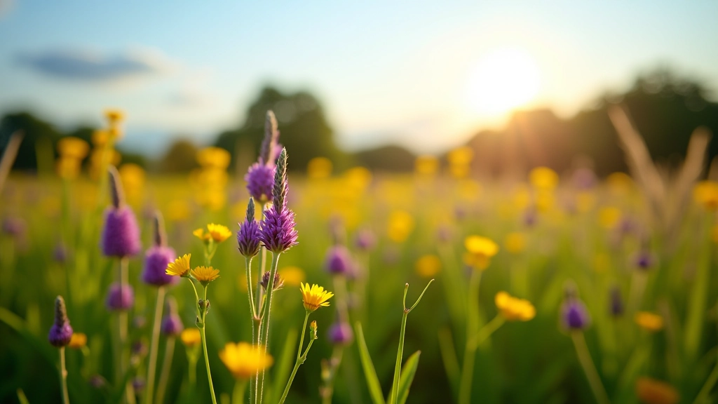 Wildflower meadow with purple vetch and yellow buttercups stretching toward distant tree line under blue sky