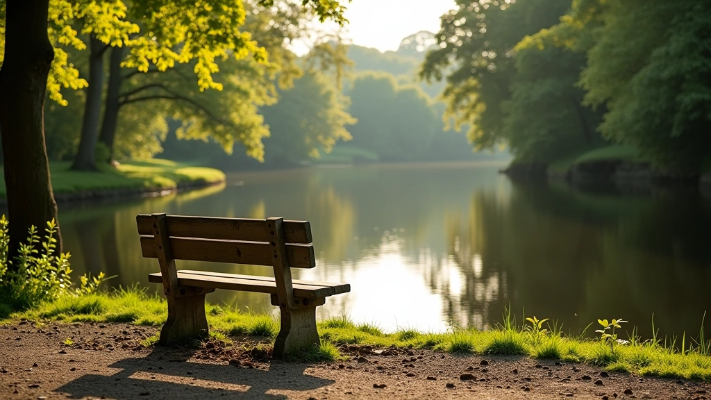 Wooden bench seat positioned overlooking river weir, trees reflected in calm water, peaceful woodland setting, morning light